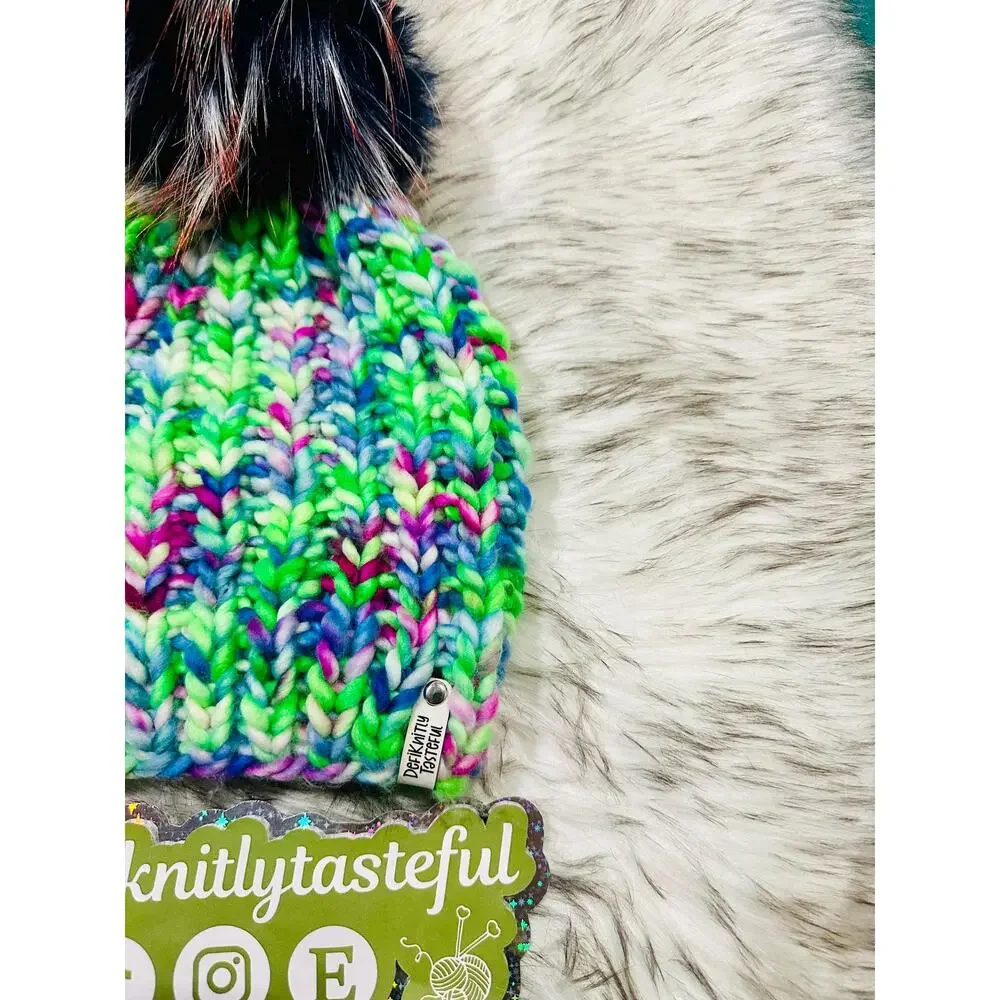 Hand Knit Merino Wool Beanie: DefiKnitly Tasteful Knit Hat with Faux Fur Pom